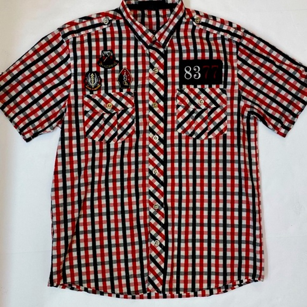 Eighty Three 77 Mens red white black gray checkered short sleeve button-down top